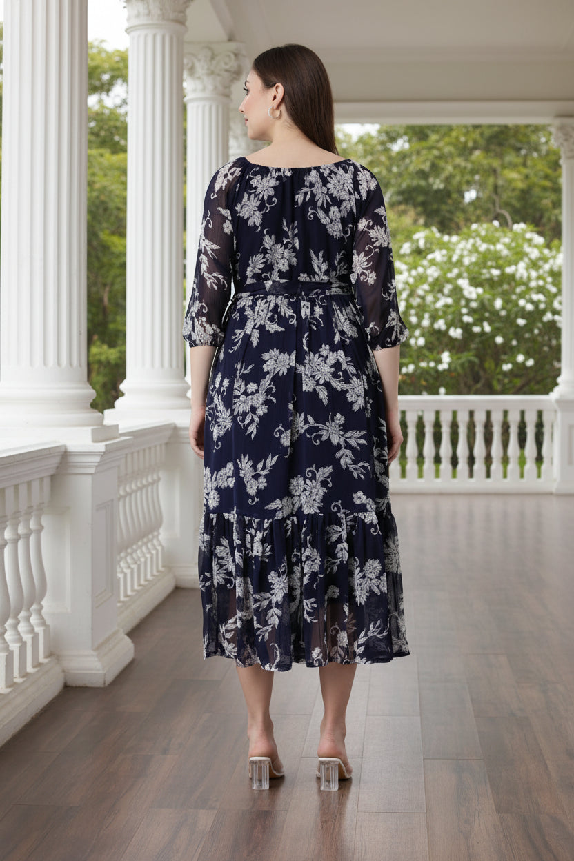 Navy Blue Floral Maxi Chiffon Dress | Souchii