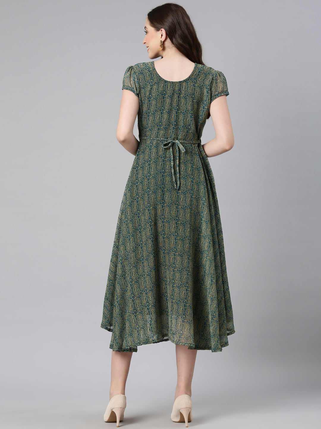 Fit & Flare Dress – Green Paisley Print Chiffon | Souchii
