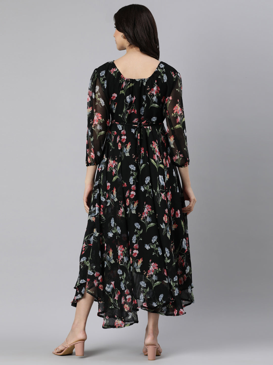 Fit & Flare Dress – Black Floral Printed Ethnic | Souchii