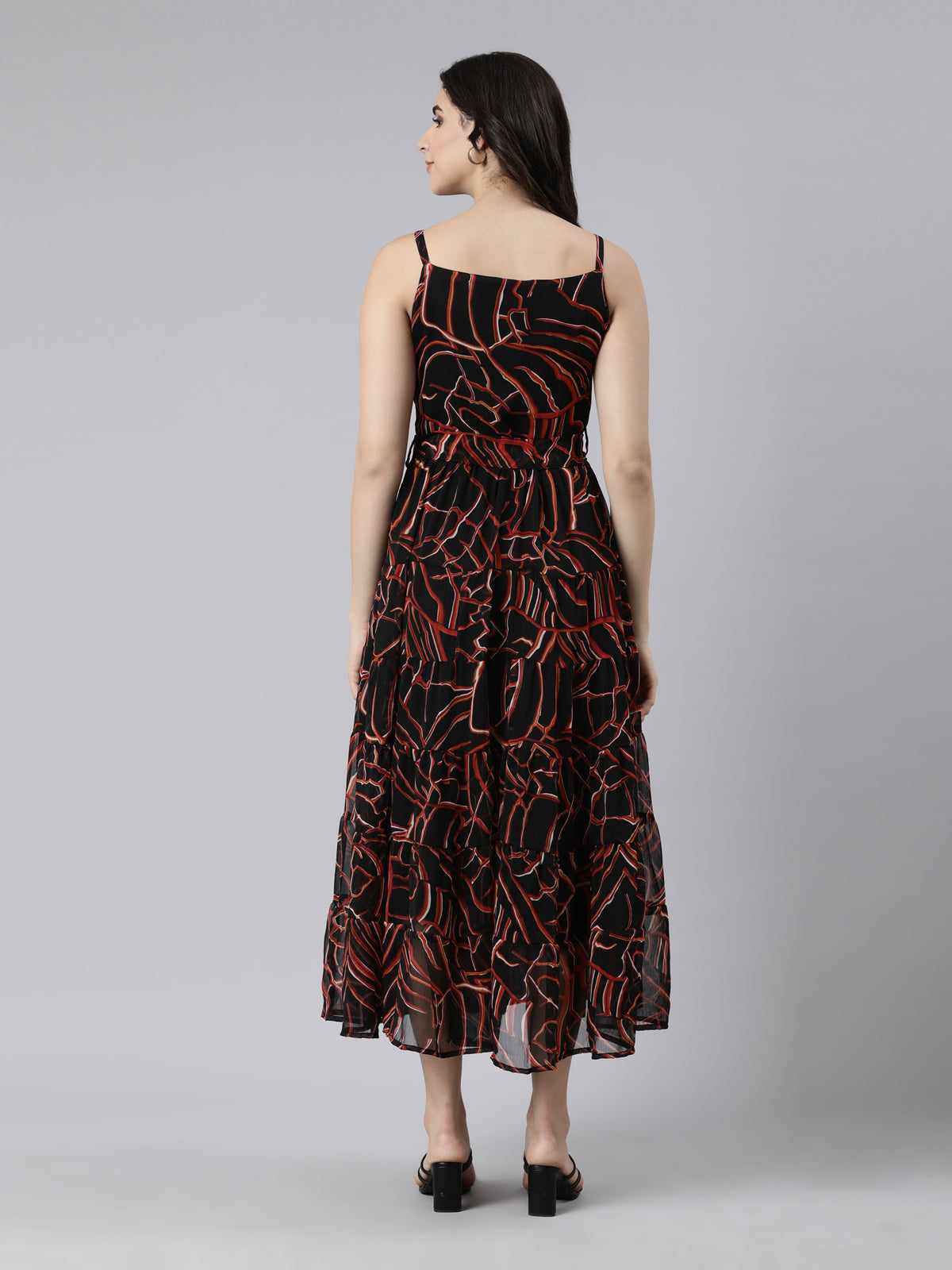 Dress – Black Abstract Printed A-Line Tiered | Souchii