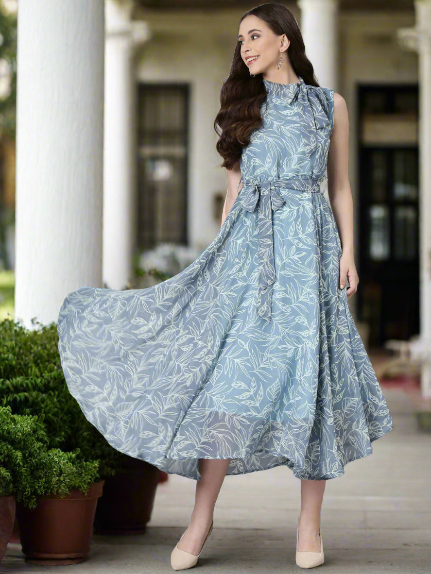 Dress – Grey Floral Fit & Flare Chiffon | Souchii