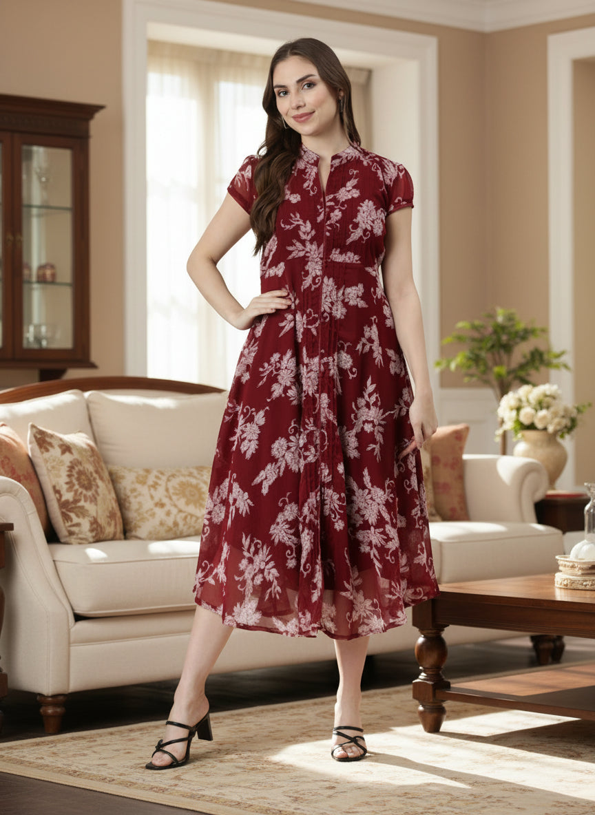 Souchii Elegant maroon floral midi dress with a flowing silhouette