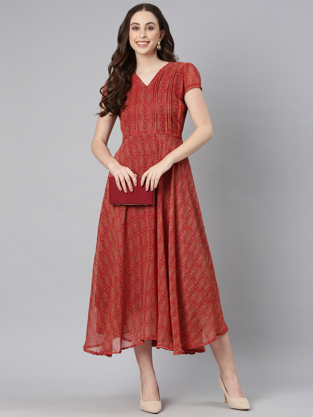 Fit & Flare Dress – Red Abstract Printed | Souchii