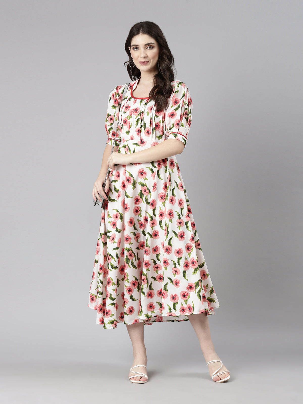 Floral Printed Mandarin Collar Puff Sleeve Fit & flare Dress | Souchii