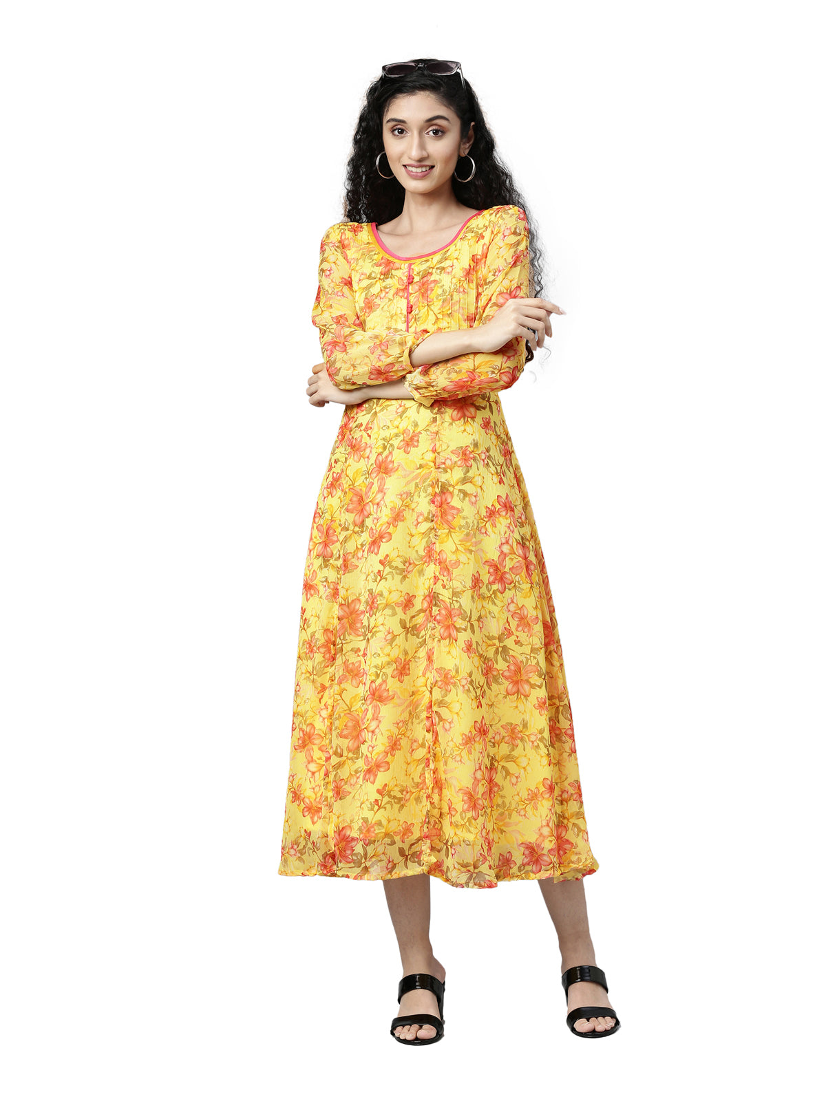 Midi Dress – Yellow Floral Printed Chiffon A-Line | Souchii