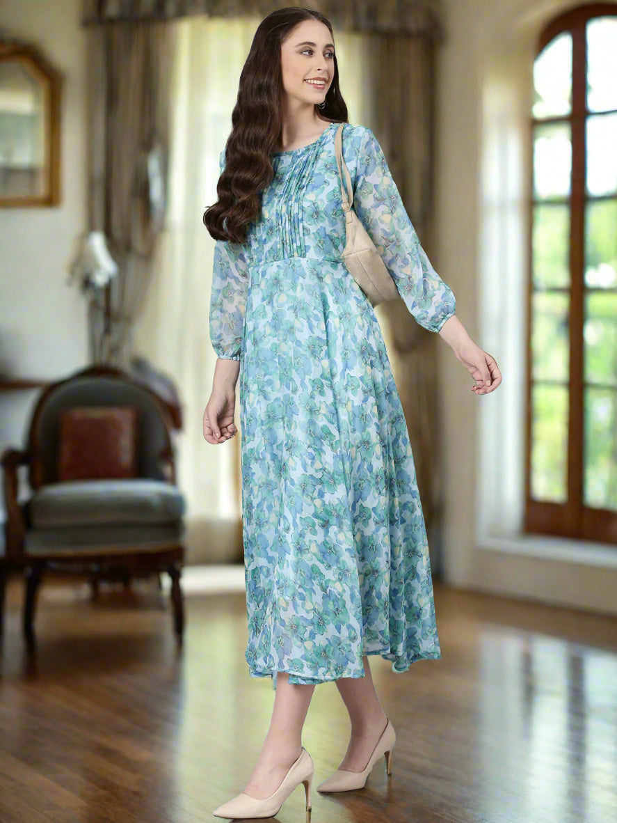 Dress – Blue Floral Fit & Flare Chiffon | Souchii