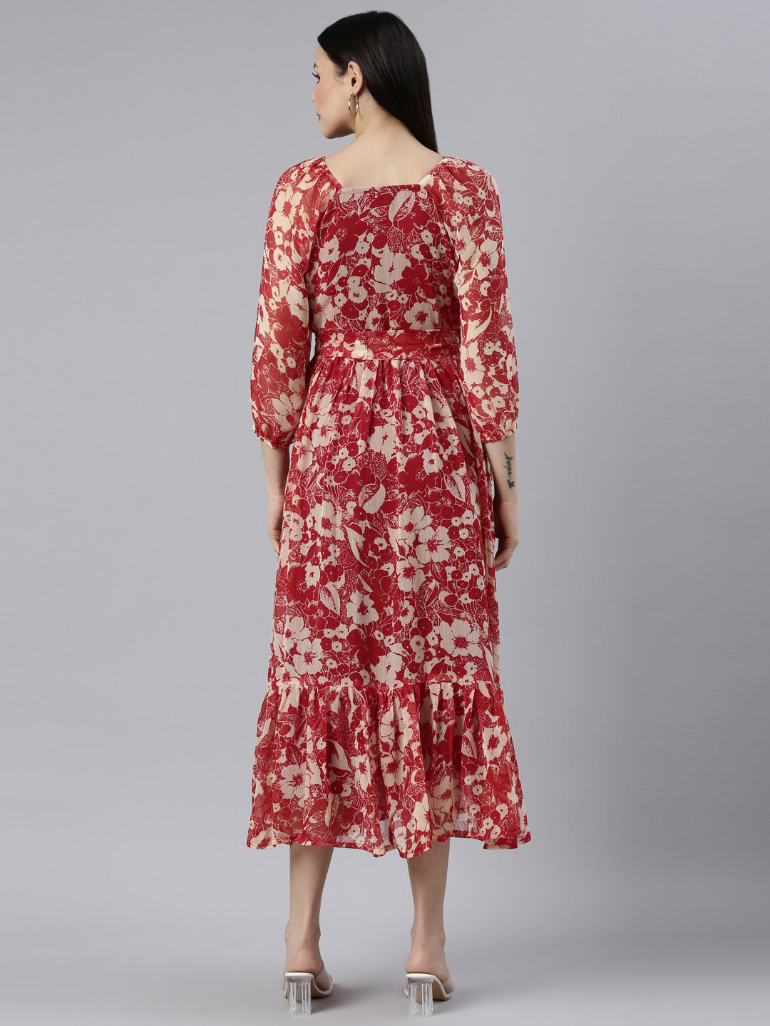 Midi Dress – Red & White Floral Printed A-Line | Souchii