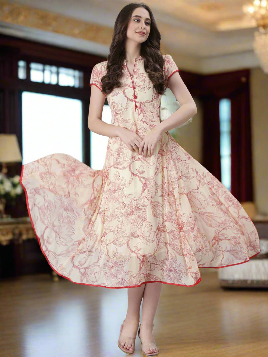 Cream Floral A-Line Belted Midi Dress | Souchii