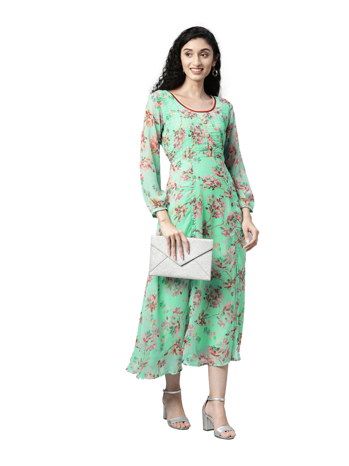 Maxi Dress – Sea Green Floral Print Chiffon | Souchii