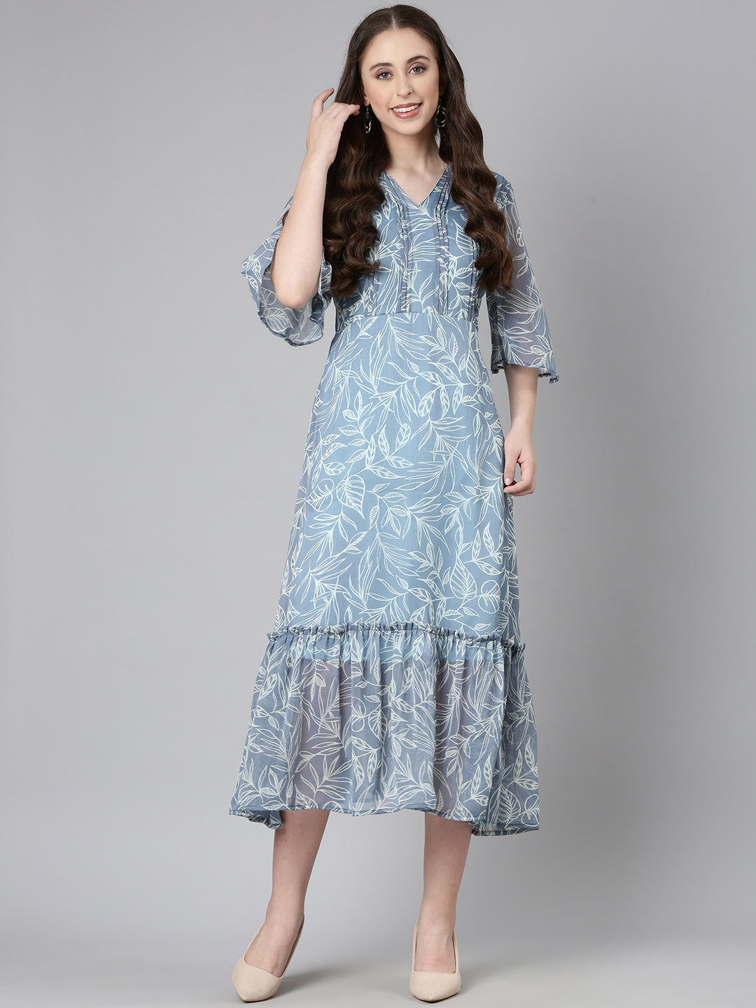 Midi Dress – Grey Floral Print A-Line | Souchii
