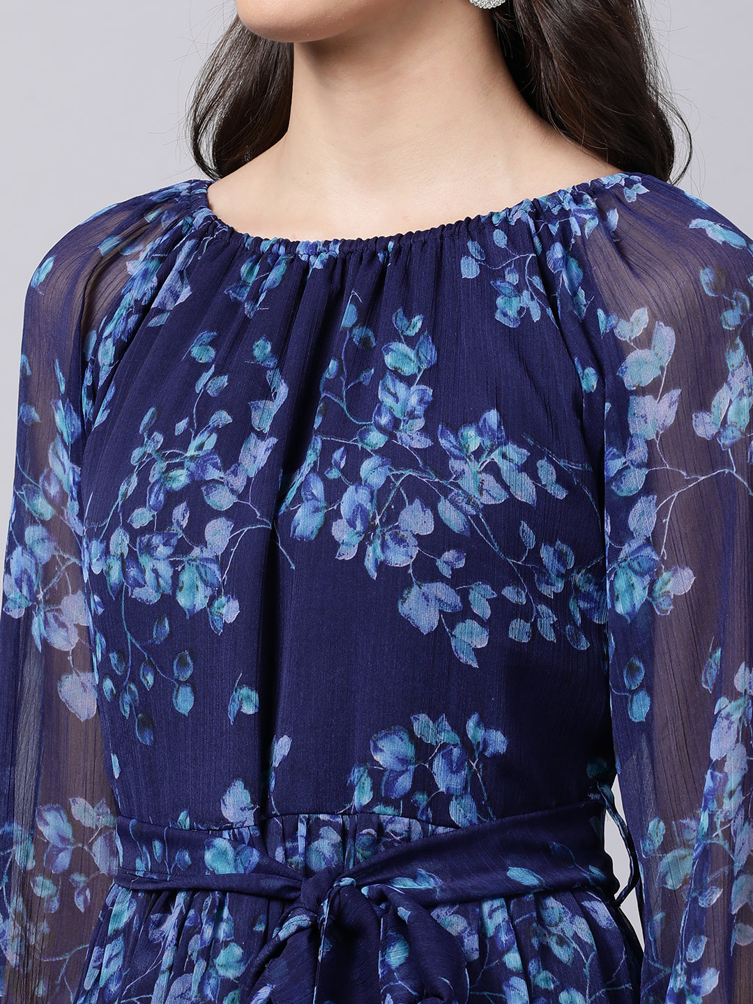 Souchii Navy Blue Floral Maxi Chiffon Dress