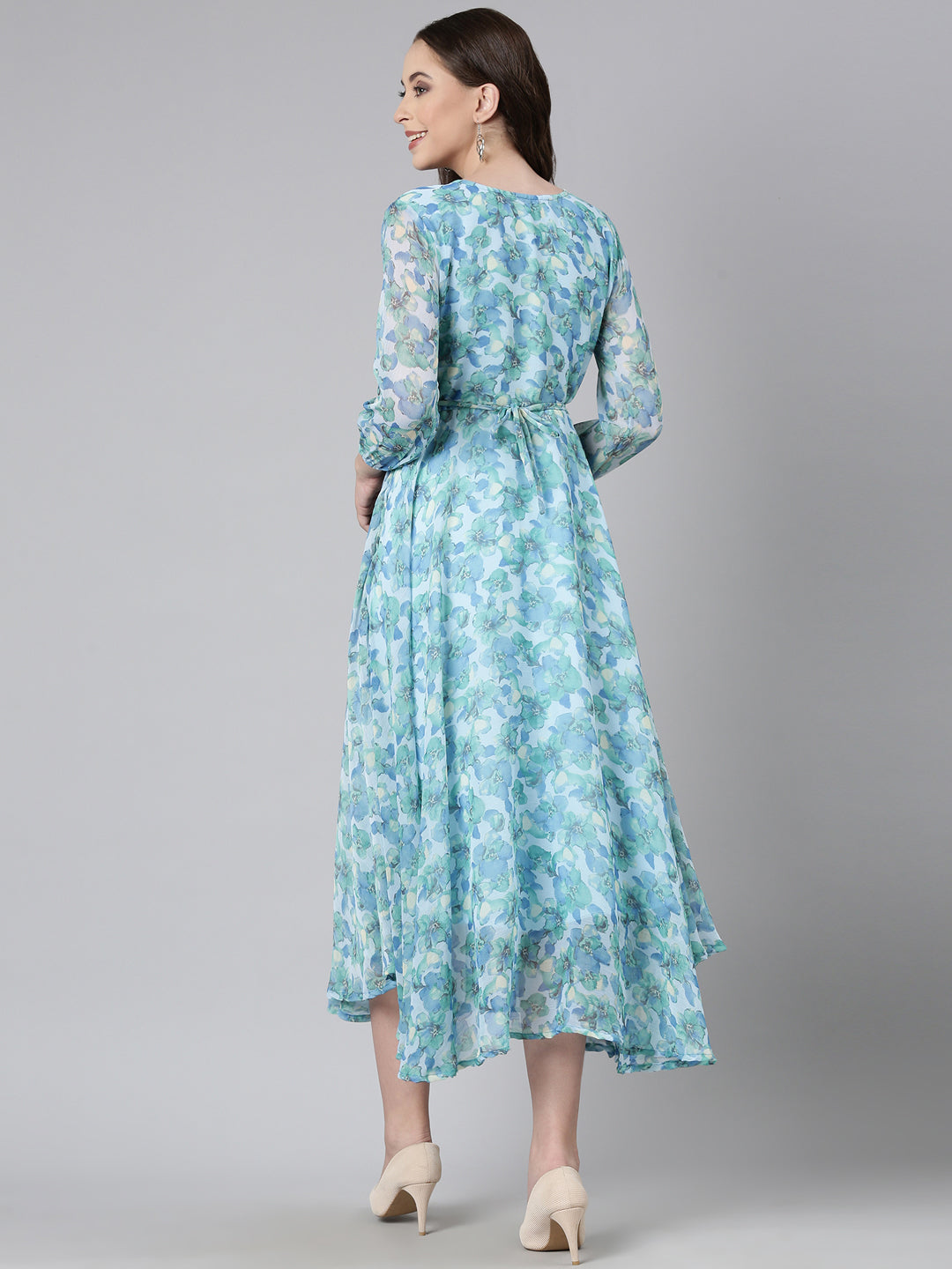 Dress – Blue Floral Fit & Flare Chiffon | Souchii