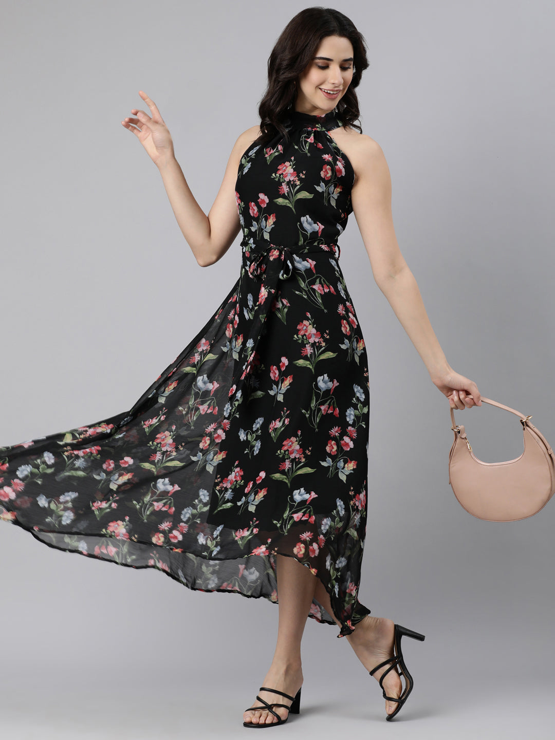 Fit & Flare Dress – Black Printed Chiffon | Souchii