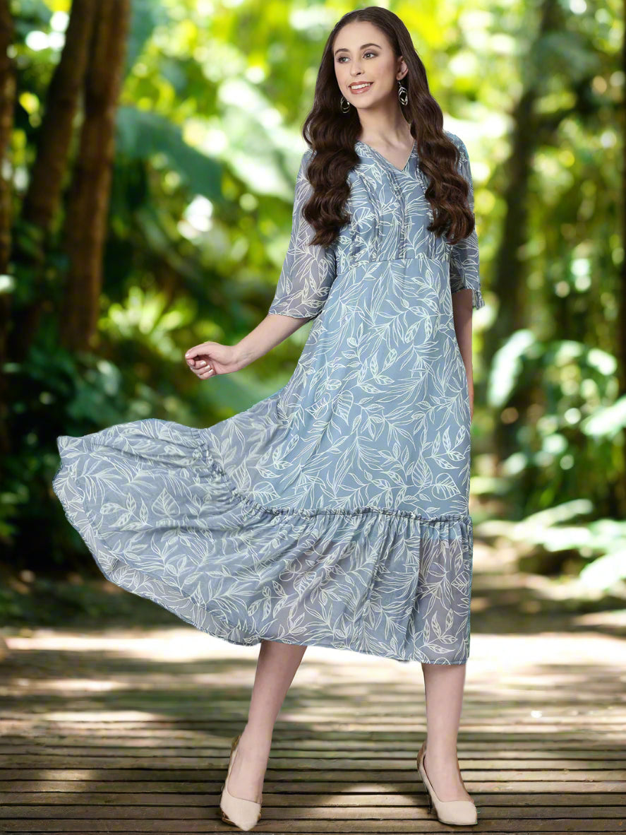 Midi Dress – Grey Floral Print A-Line | Souchii
