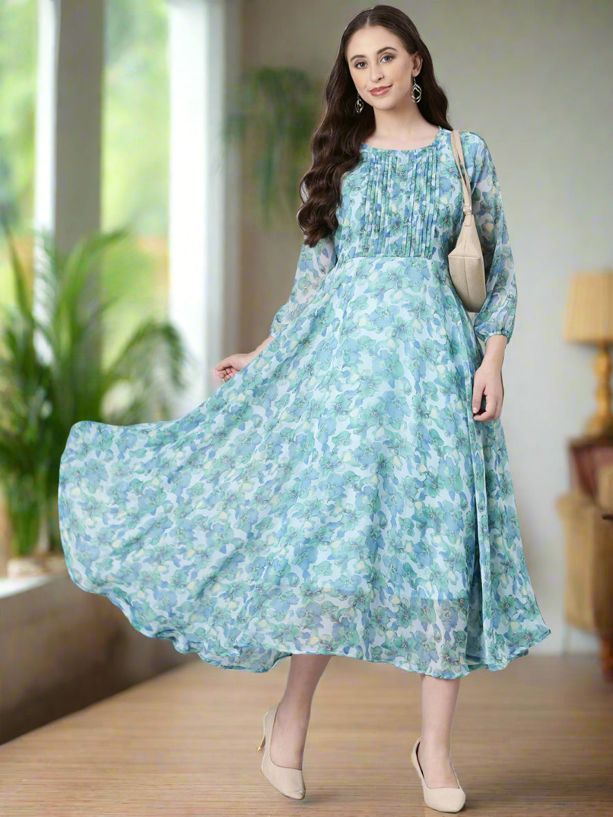 Dress – Blue Floral Fit & Flare Chiffon | Souchii