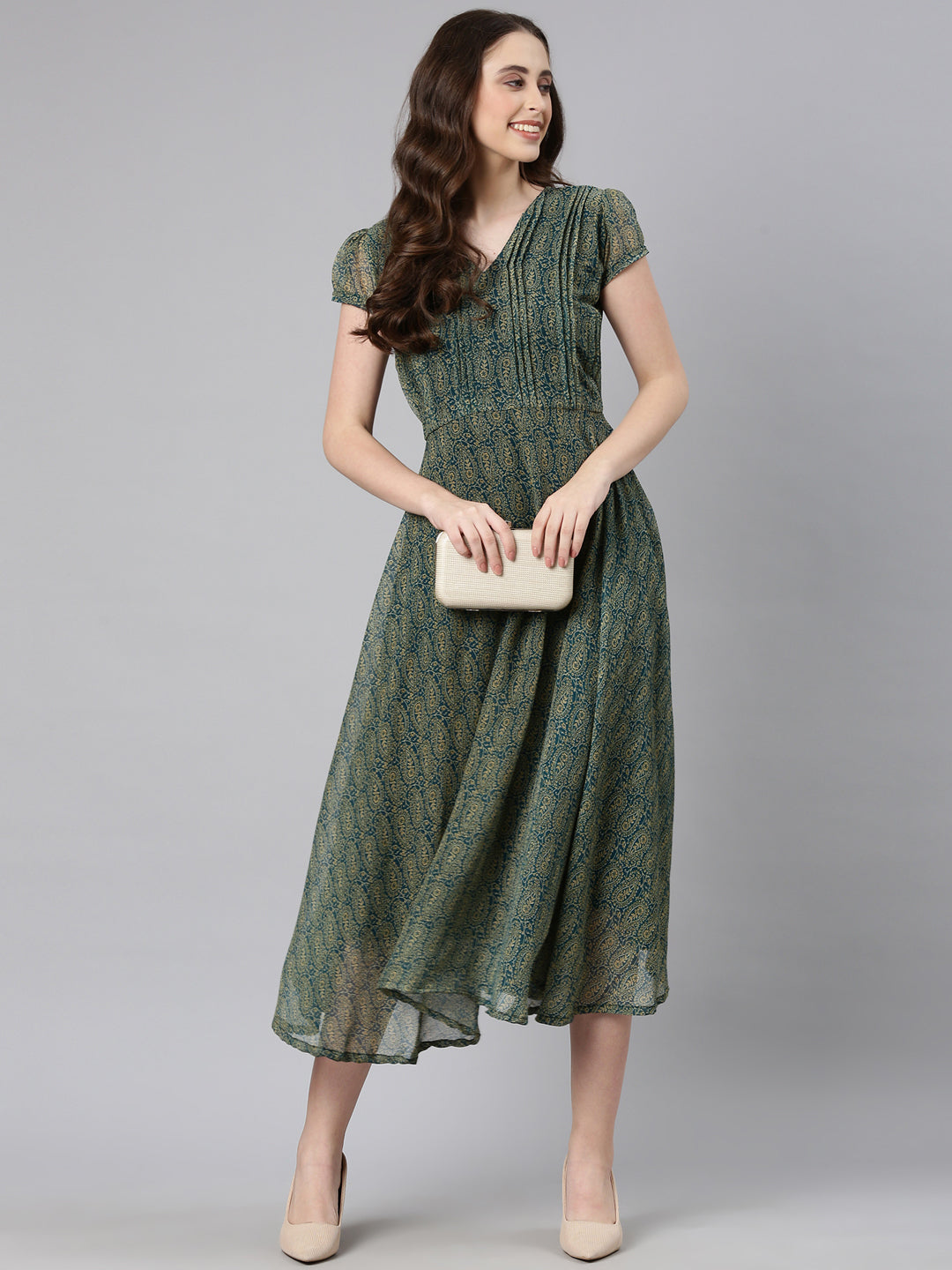 Fit & Flare Dress – Green Paisley Print Chiffon | Souchii