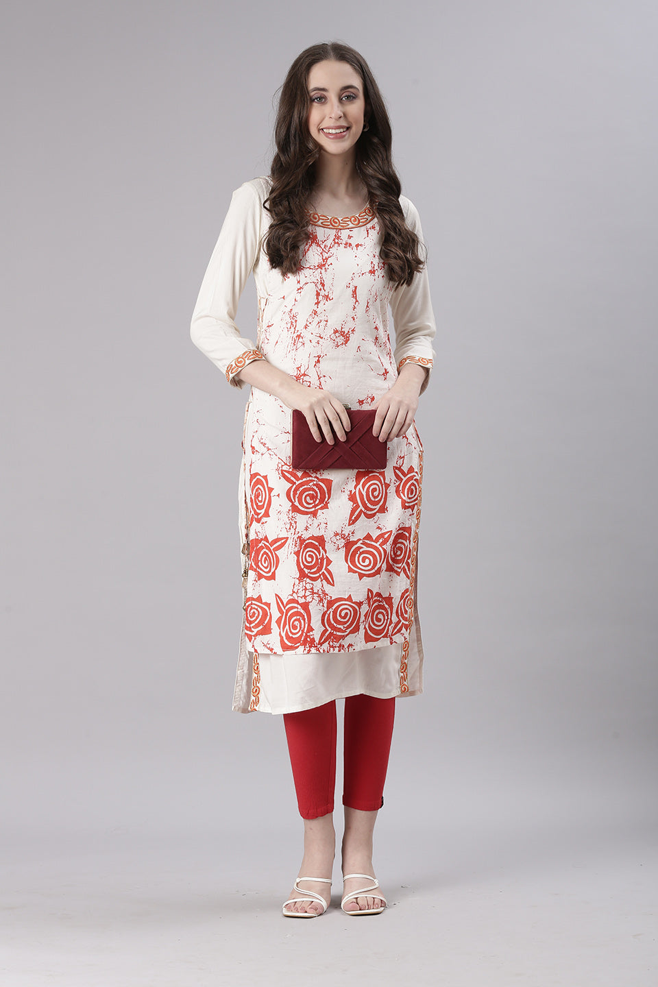 Red Block Print Cream Double Layered Rayon Kurta | Souchii