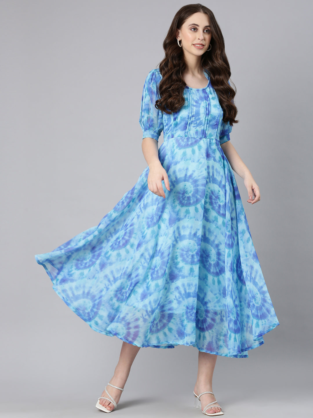 Dress – Blue Abstract Print Fit & Flare Chiffon | Souchii