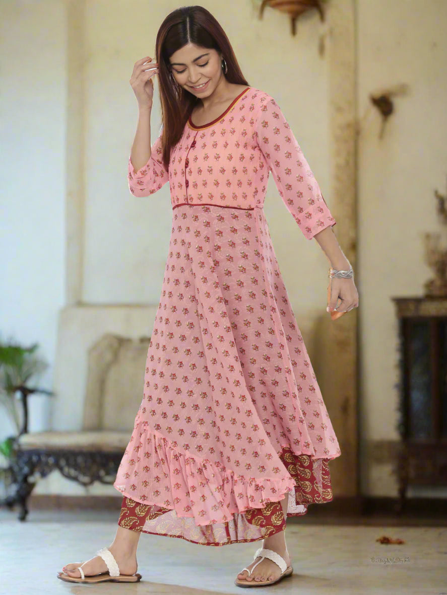 Pink Floral Print Chiffon Fit & Flare Midi Dress with Belt | Souchii