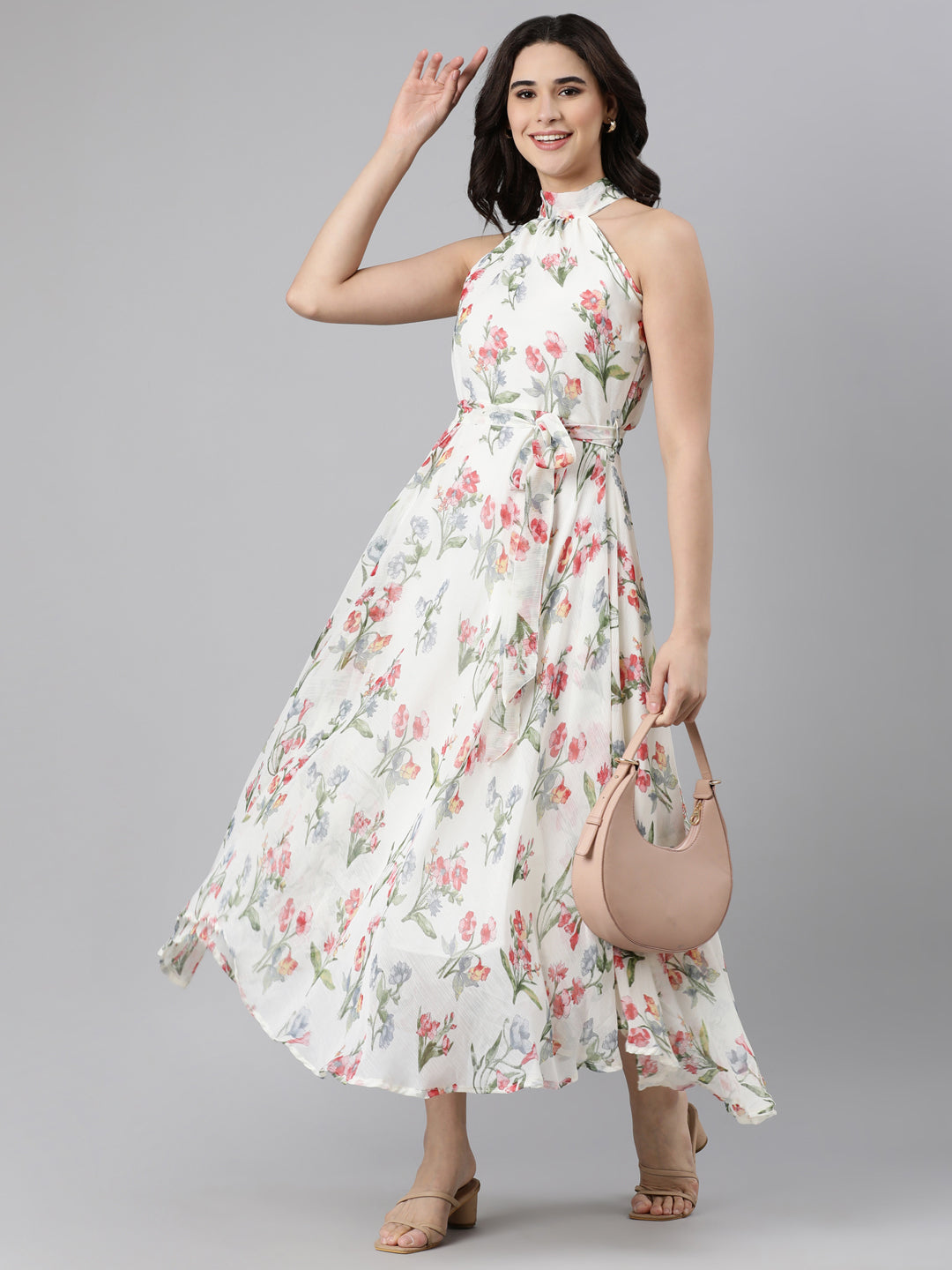 Dress – White Floral Fit & Flare Halter | Souchii