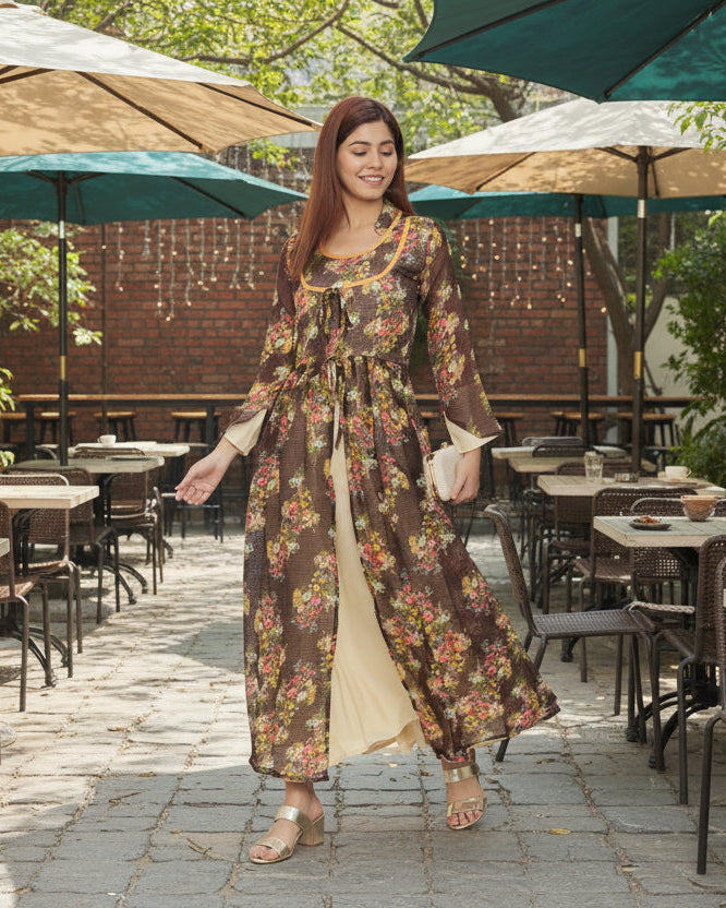 Souchii Brown Floral Layered Maxi Dress