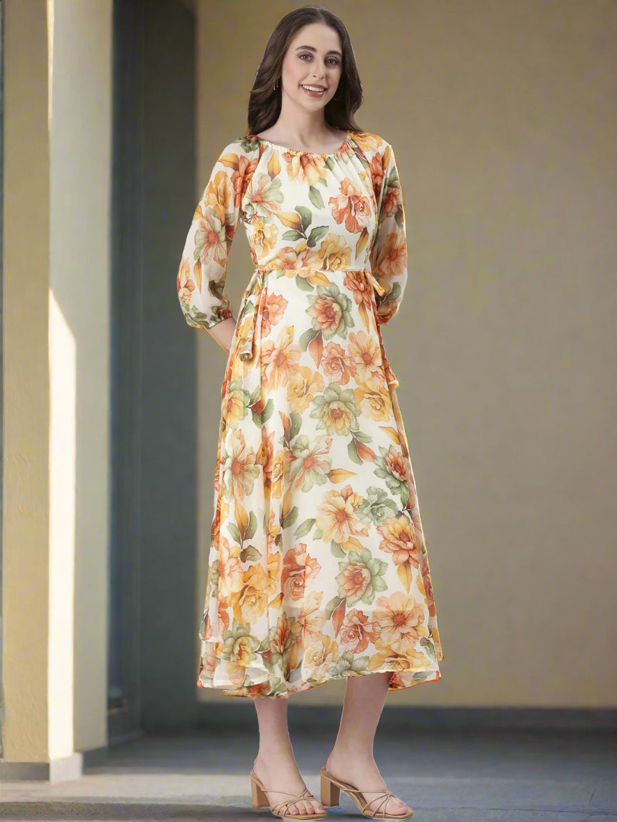 White Floral Fit & Flare Midi Dress | Souchii
