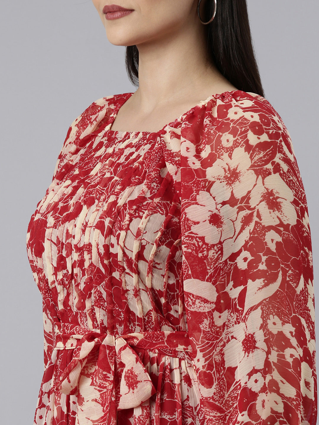 Midi Dress – Red & White Floral Printed A-Line | Souchii
