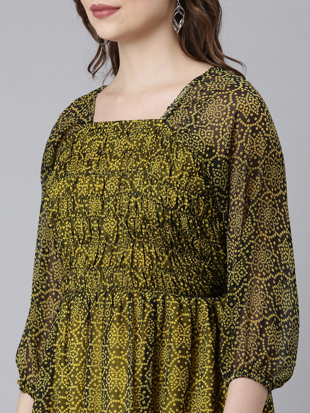 Fit & Flare Dress – Black and Yellow Bandhani Printed Ethnic | Souchii