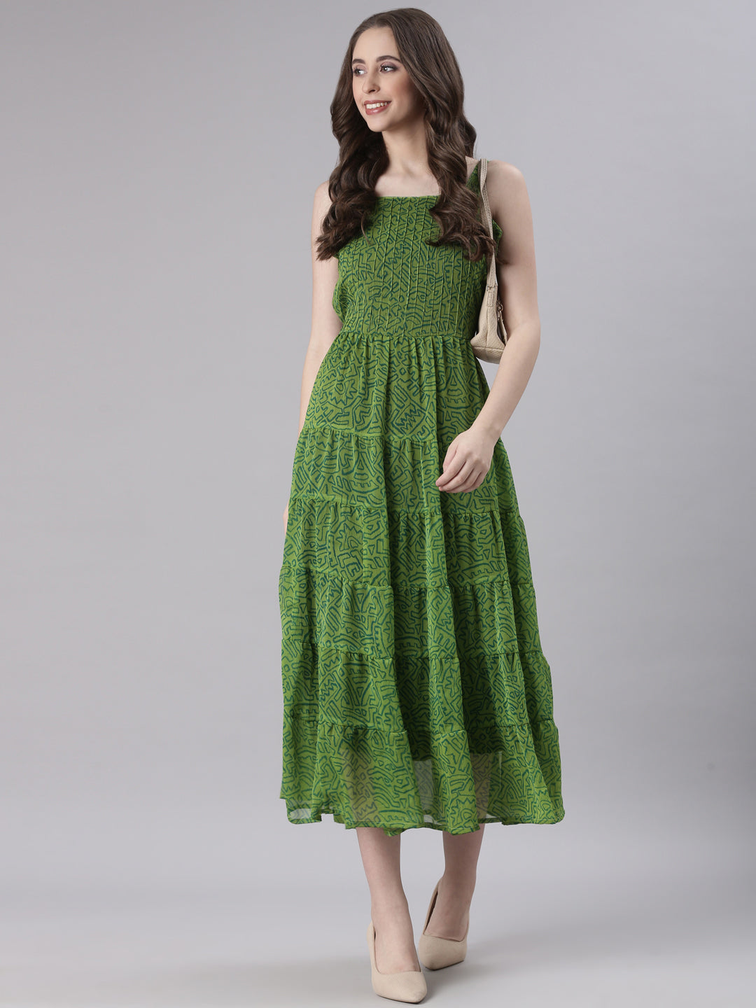 Green Abstract Pleated Fit & Flare Midi Dress | Souchii