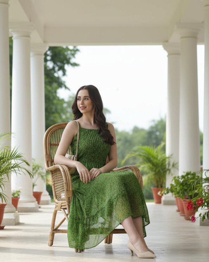 Green Abstract Pleated Fit & Flare Midi Dress | Souchii