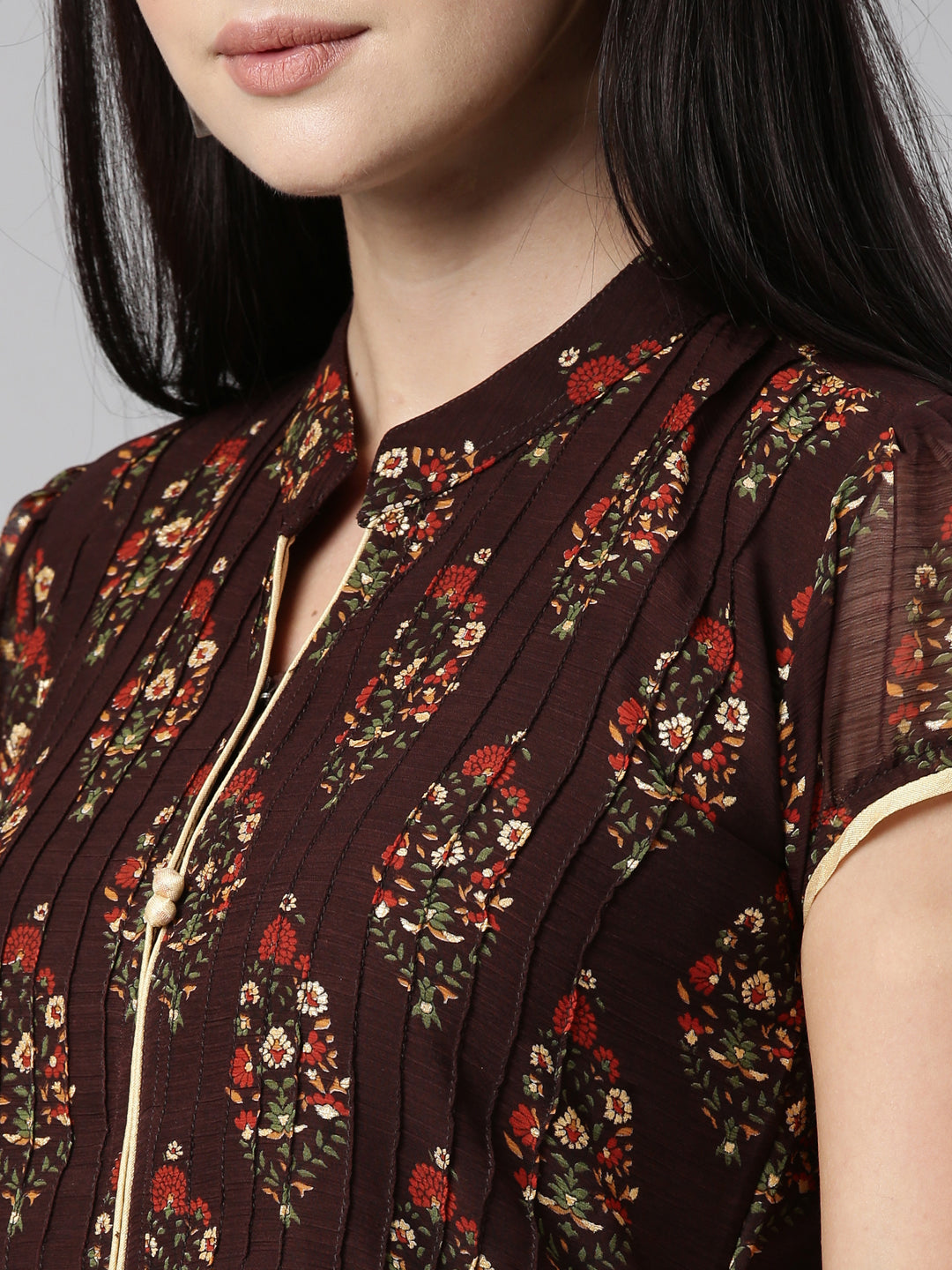 Dress – Brown & Red Floral Printed Chiffon | Souchii