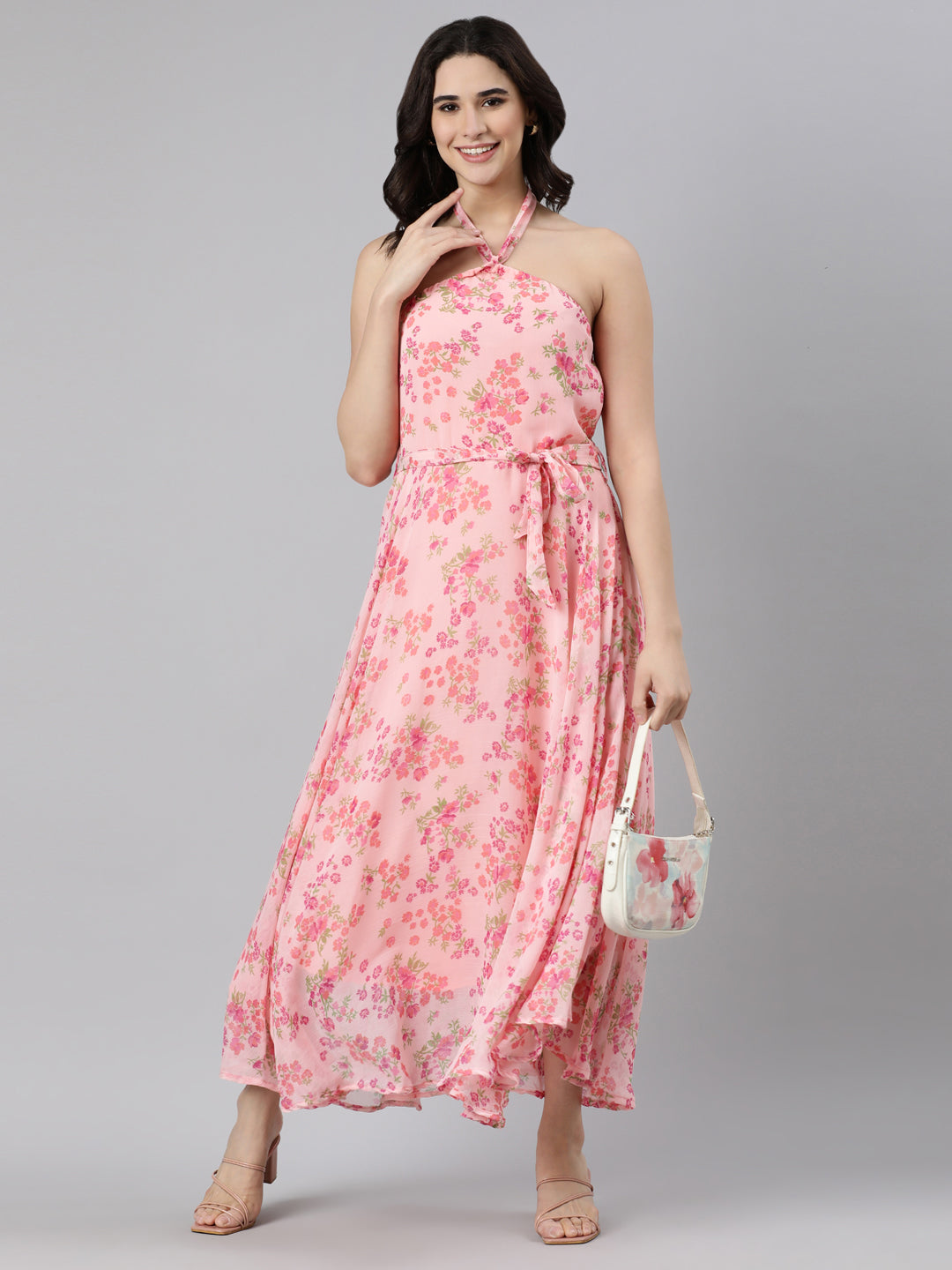 Dress – Pink Floral Halter Neck | Souchii