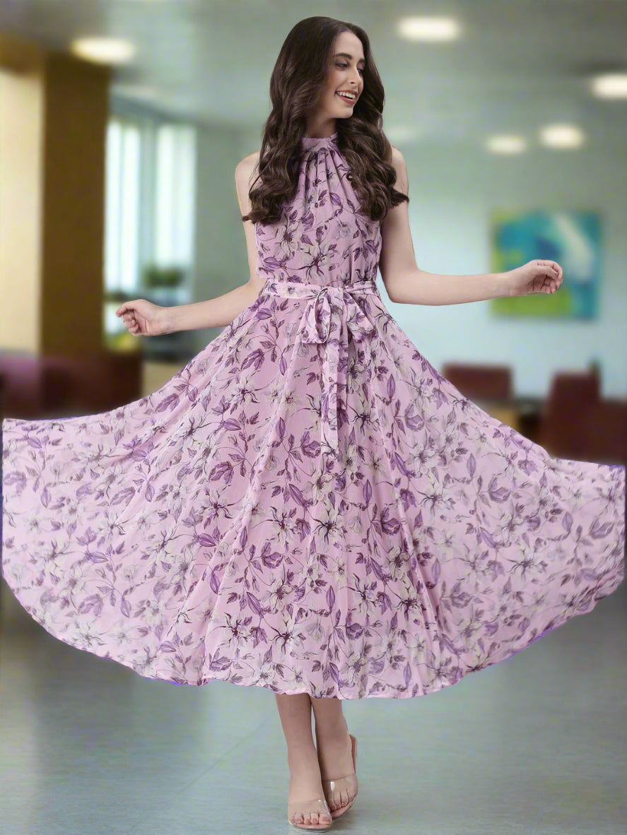 Purple Floral Print Halter-Neck A-Line Midi Dress | Souchii