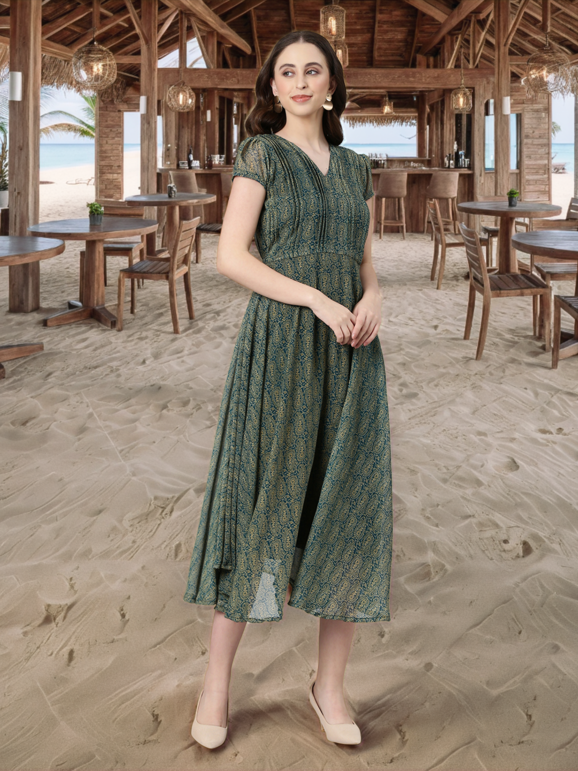 Fit & Flare Dress – Green Paisley Print Chiffon | Souchii