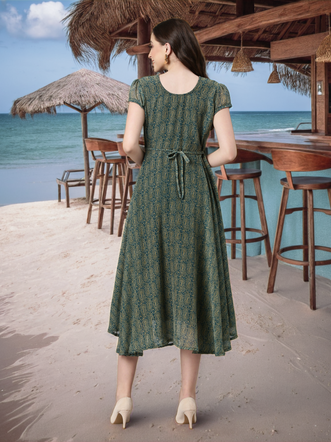 Fit & Flare Dress – Green Paisley Print Chiffon | Souchii