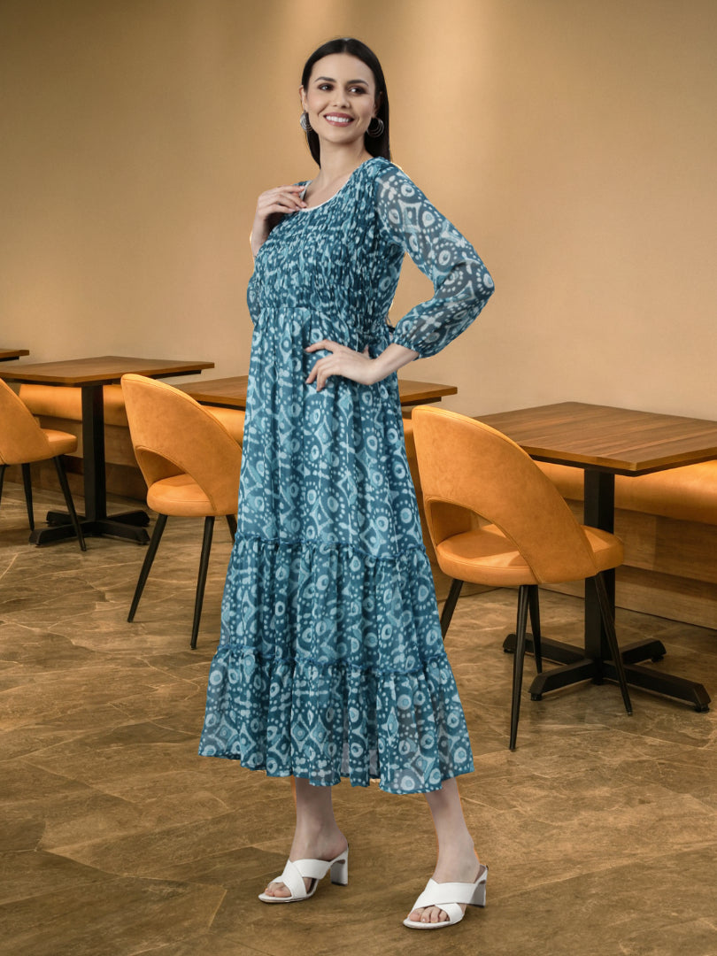 Fit & Flare Dress – Blue Ethnic Motif | Souchii