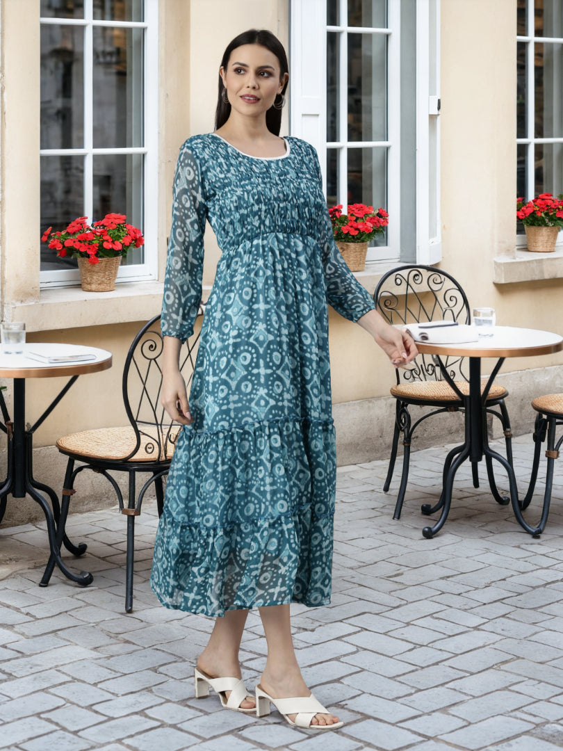 Fit & Flare Dress – Blue Ethnic Motif | Souchii