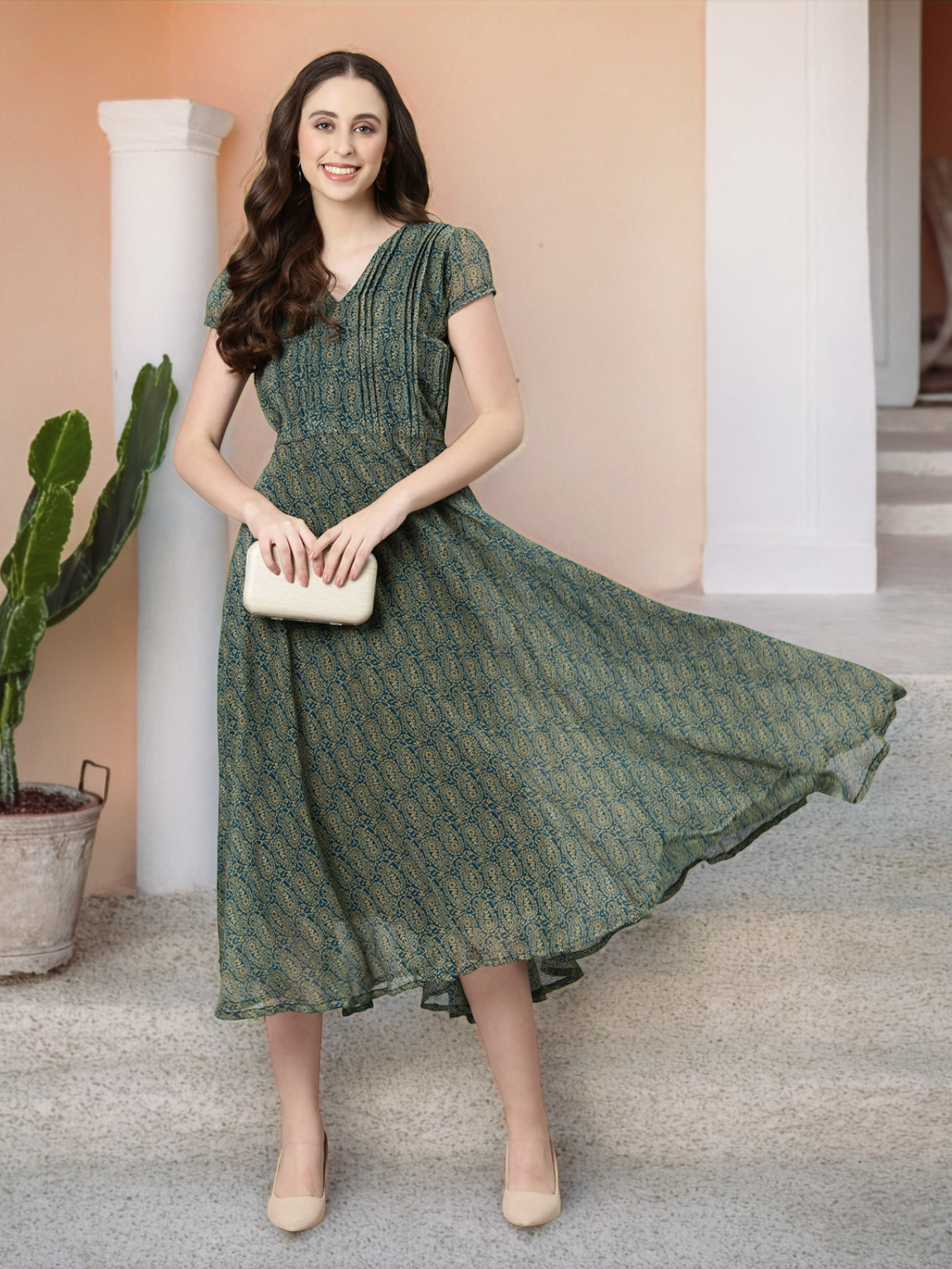Fit & Flare Dress – Green Paisley Print Chiffon | Souchii