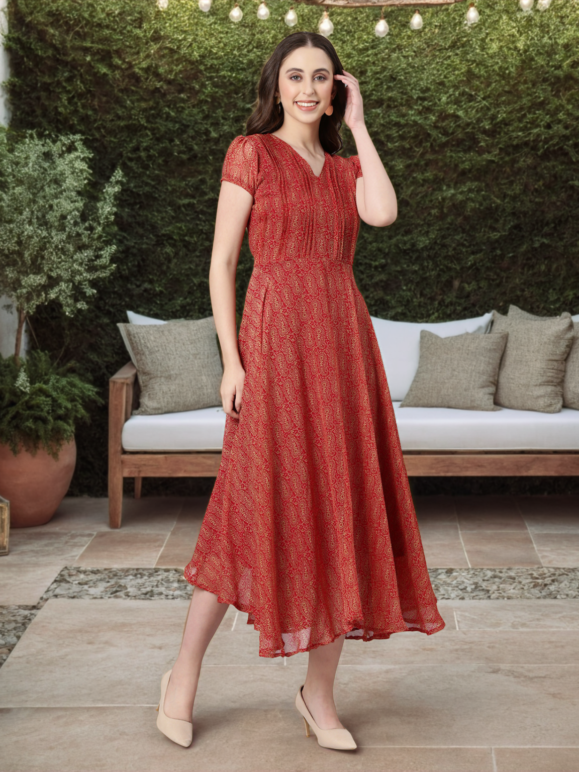 Fit & Flare Dress – Red Abstract Printed | Souchii