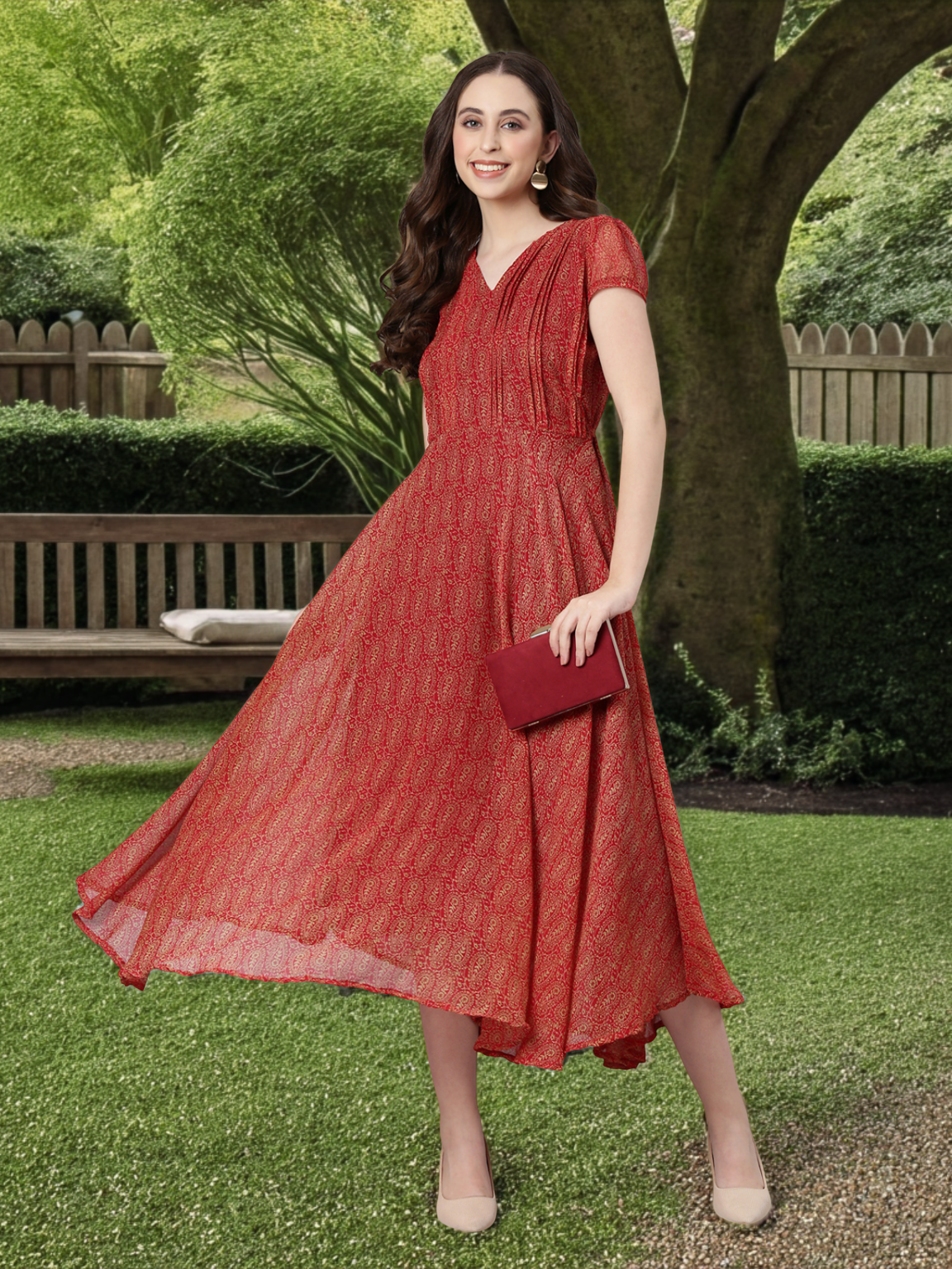 Fit & Flare Dress – Red Abstract Printed | Souchii