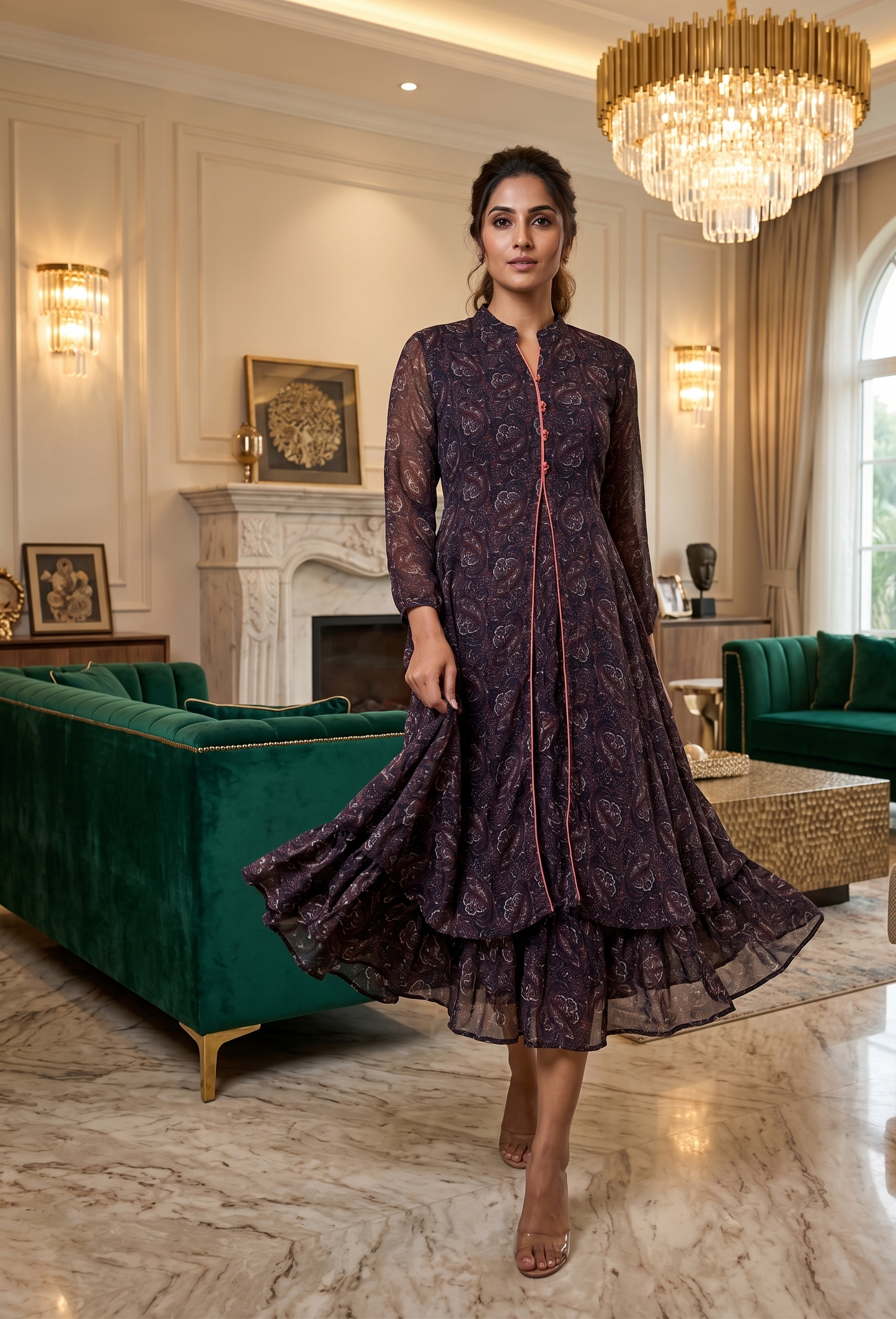 Souchii Women's Midnight Paisley Chiffon Layered Midi Dress