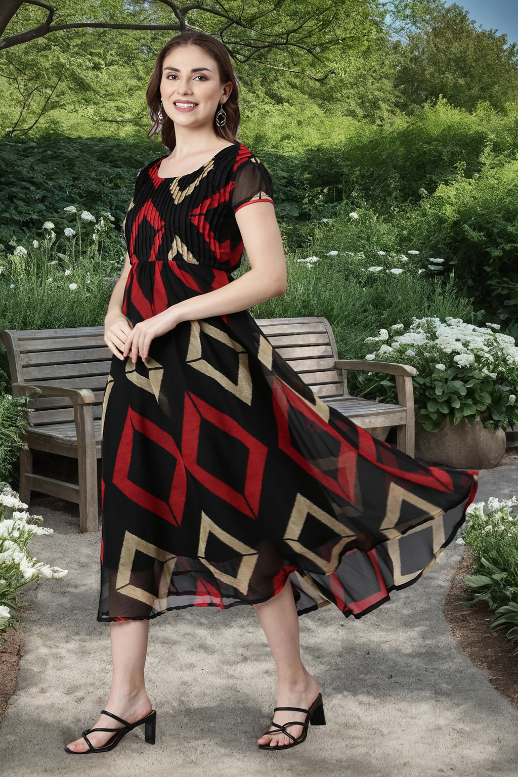 A-line Dress – Black & Red Geometric Printed A-Line Dress | Souchii