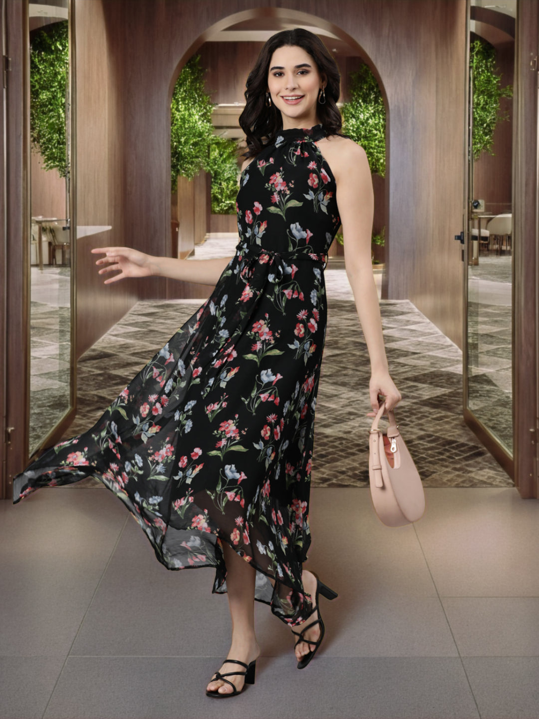 Fit & Flare Dress – Black Printed Chiffon | Souchii