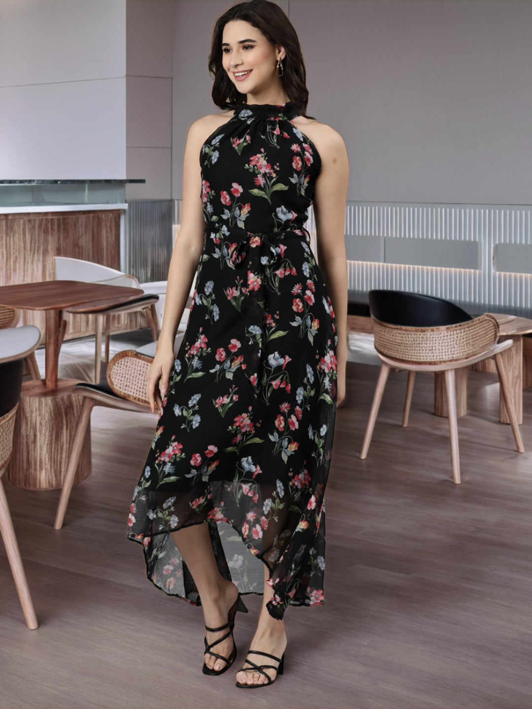 Fit & Flare Dress – Black Printed Chiffon | Souchii