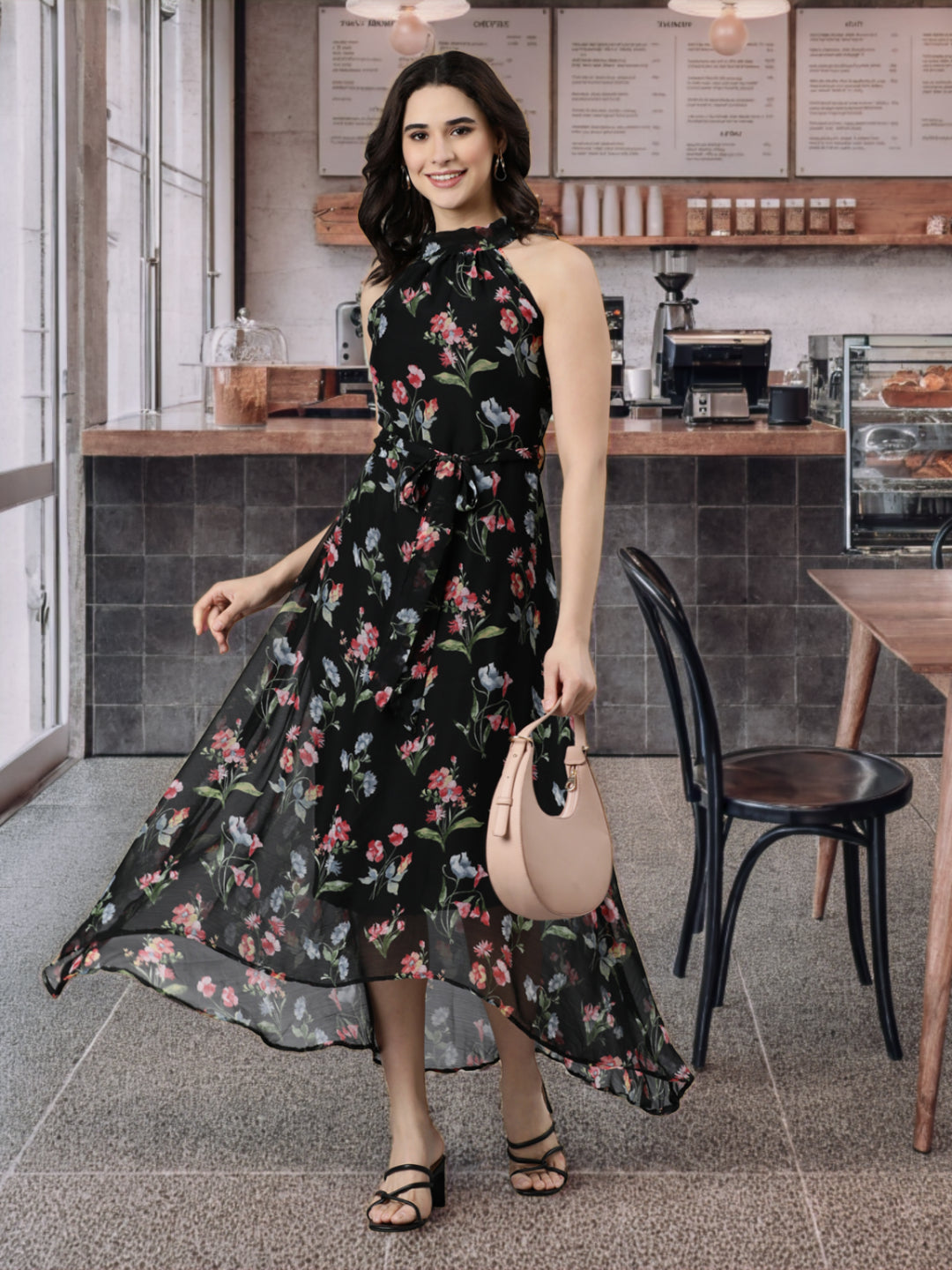 Fit & Flare Dress – Black Printed Chiffon | Souchii