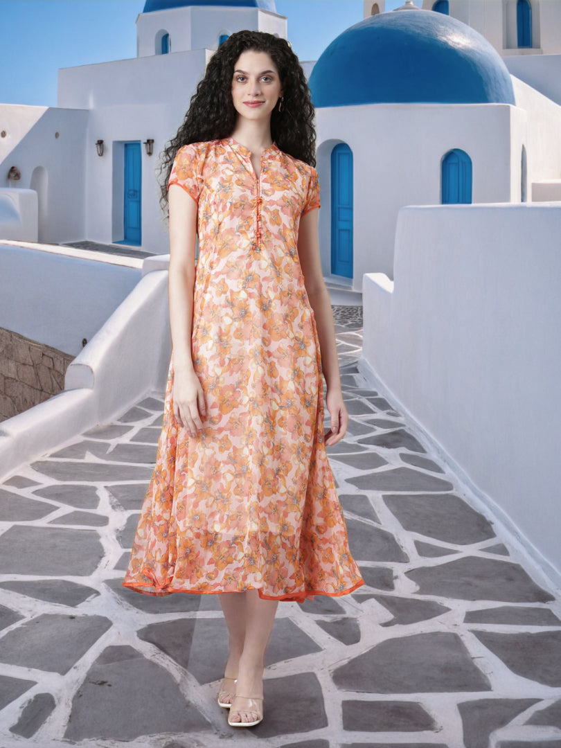 Dress – Peach Floral Print A-line Princess Line | Souchii