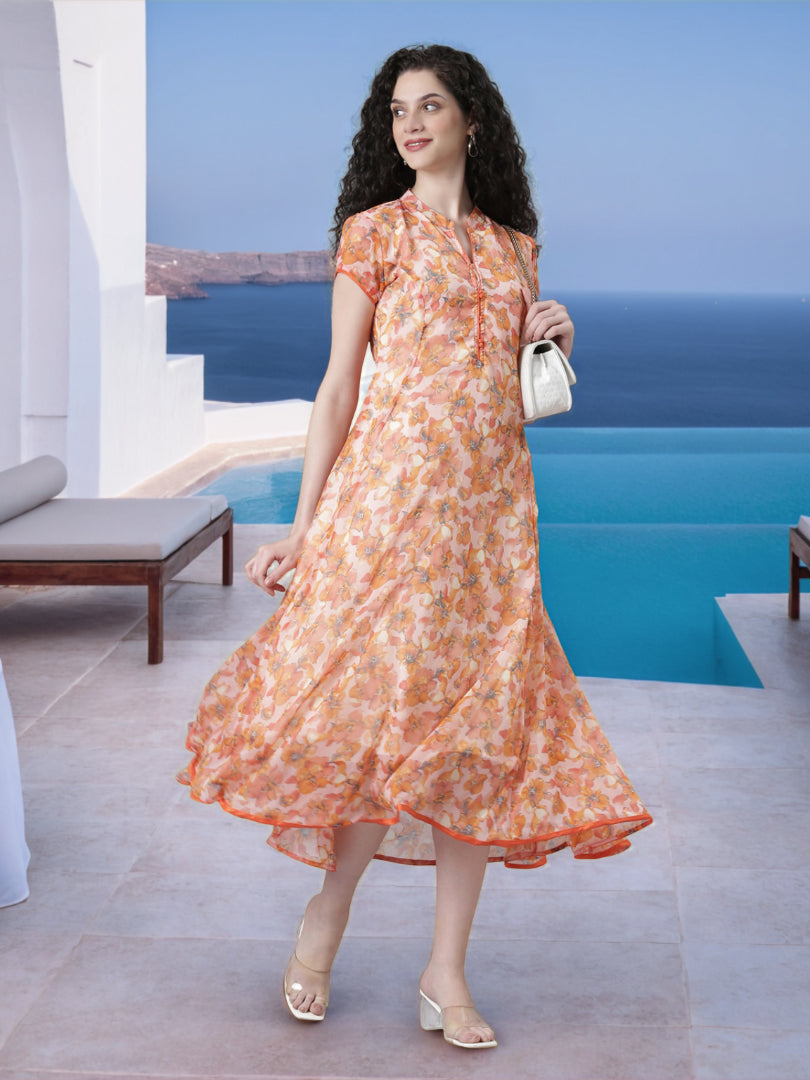 Dress – Peach Floral Print A-line Princess Line | Souchii