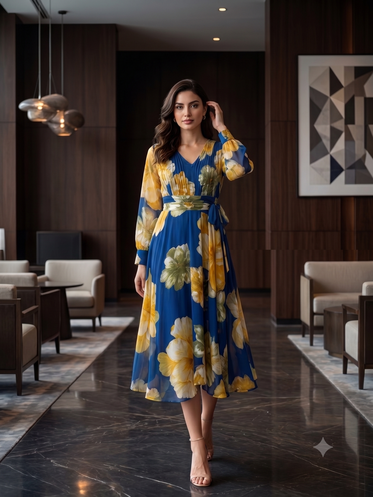 Blue Floral Fit & Flare Maxi Dress with Full Sleeves