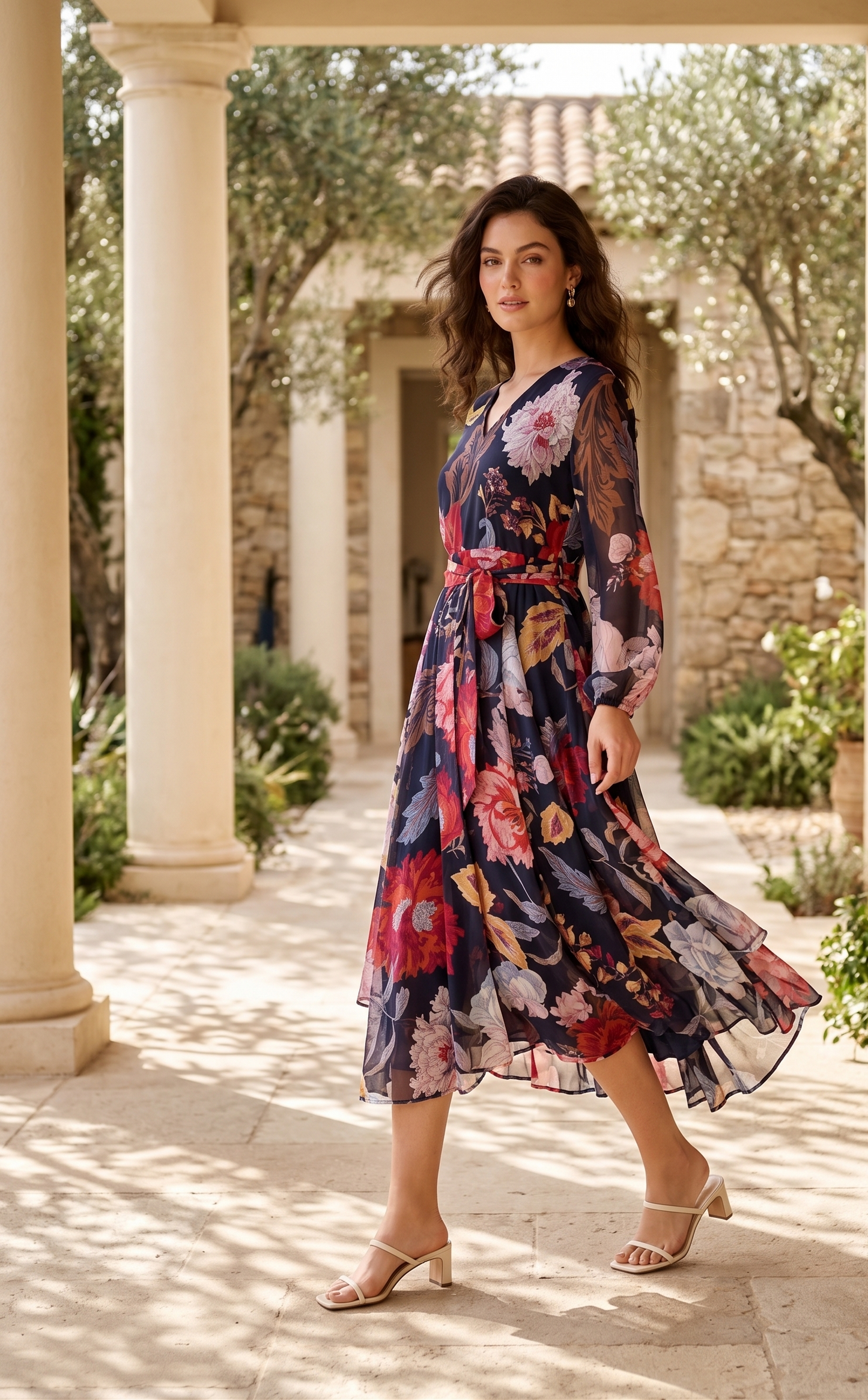Women's Navy Blue Floral Printed Chiffon Midi Dress | V-Neck Fit & Flare Dress | Souchii