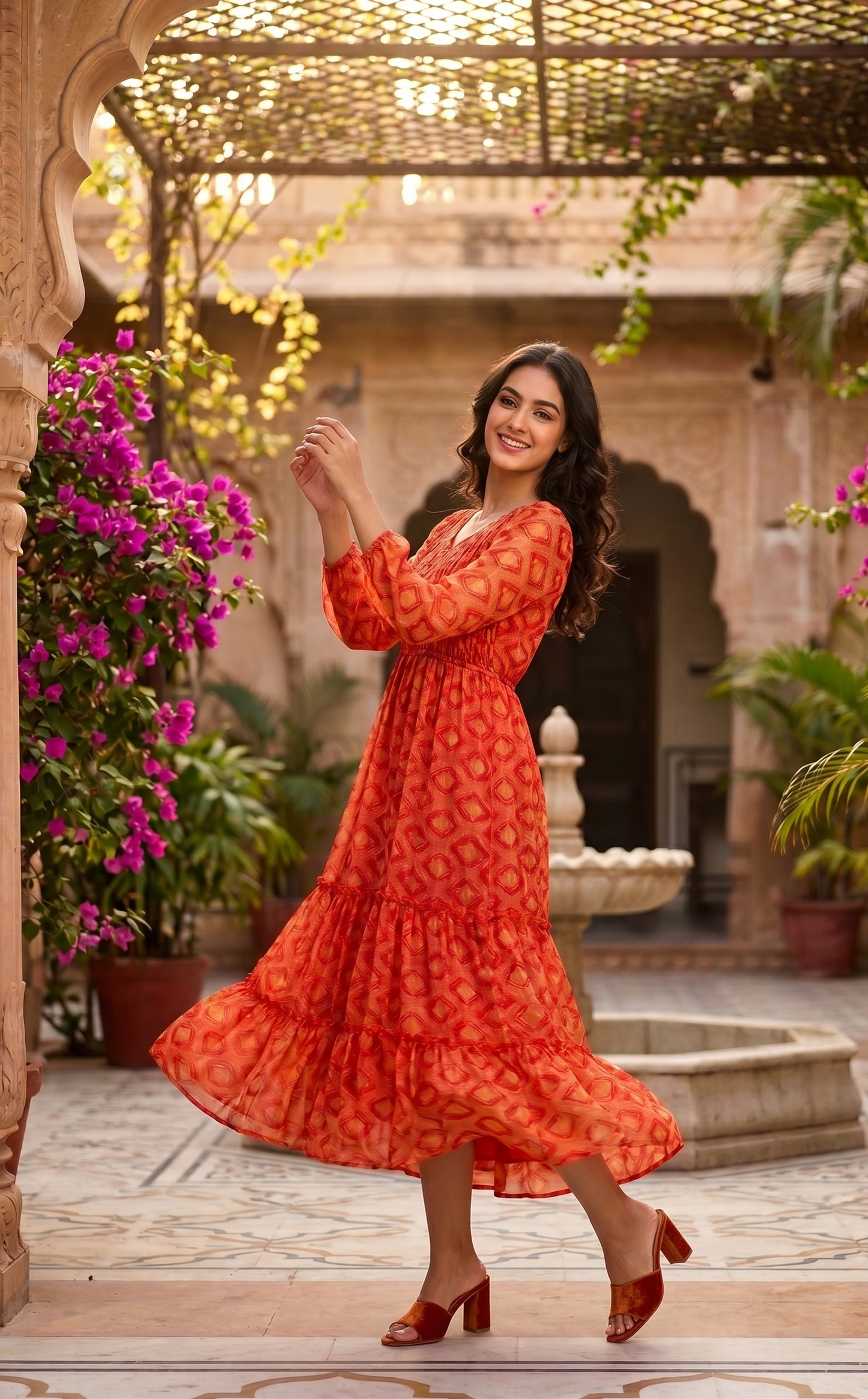 Souchii Red Printed Chiffon Midi Dress